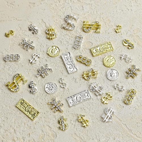 BLGTGH Asd-32 Money Nail Charms 3D Metal Alloy Dollar Sign Nail Art Gems Silver Gold 36Pcs