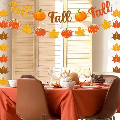 Autumn Party Decorations Set - Glitter Fall Banner & Leaf Garland