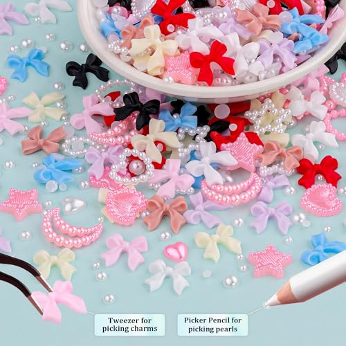 600 Pcs 3D Nail Bow Charms & Pearl Nail Gems Set - 8 Colors