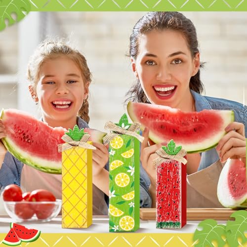Summer Fruit Table Decor Set - 3 Rustic Wood Blocks for Kitchen