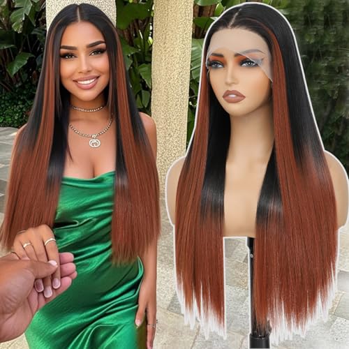 CLIONE 24 Inch Ombre Highlight Straight Lace Front Wig for Black Women - Pre-Plucked Synthetic Hair, Glueless, Beginner-Friendly