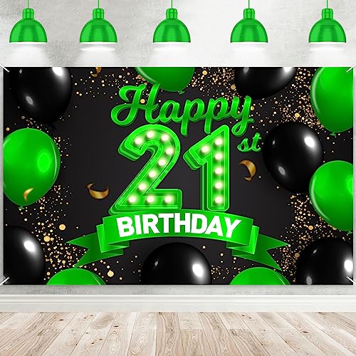 21st Birthday Banner Backdrop - Green & Black Theme Decor