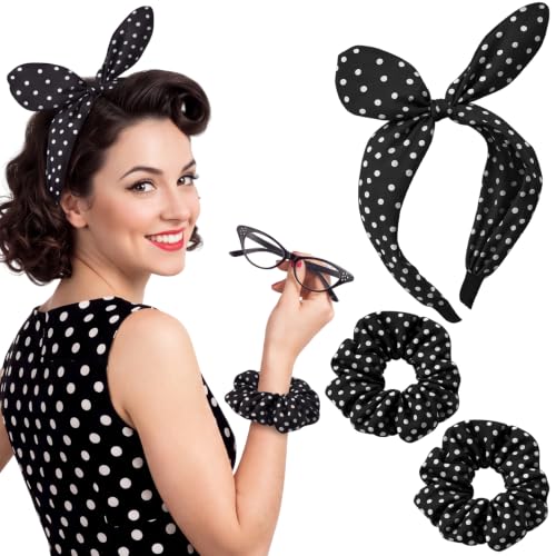 50s Polka Dot Headband & Hair Ties Set for Women - Retro Bow Pack of 3