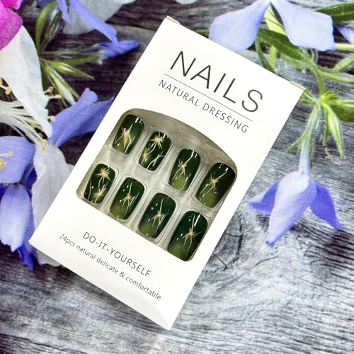 Green Lightning Press on Nails Medium Square Fake Nails 24Pcs Reusable Glossy Acrylic DIY Manicure