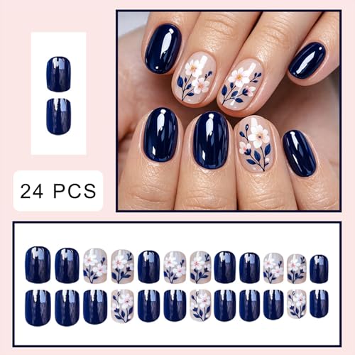 24pcs Dark Blue Daisy Press-On Nails for Spring Manicure