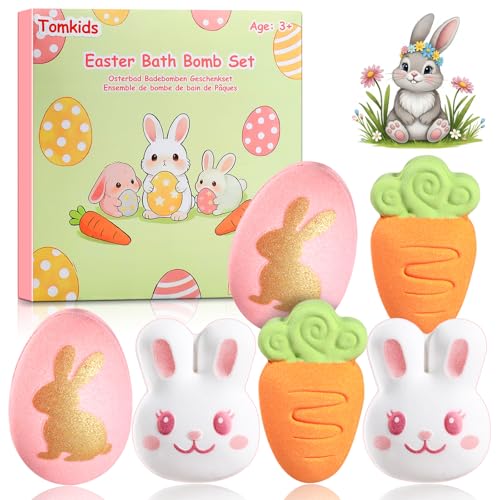Tomkids Easter Bath Bombs for Kids - 6 Pack Bunny, Egg & Carrot Shapes