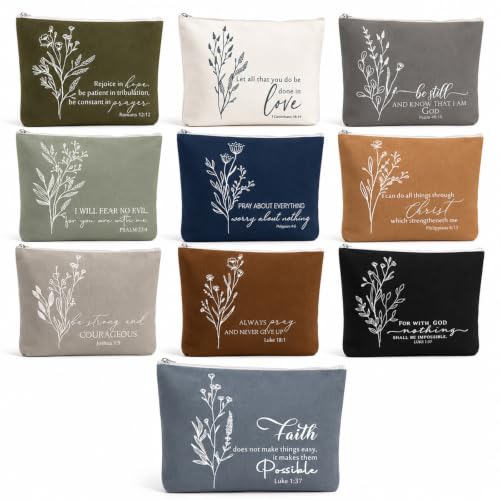 10 Pcs Bible Verse Cosmetic Bags - Inspirational Religious Canvas Pouches