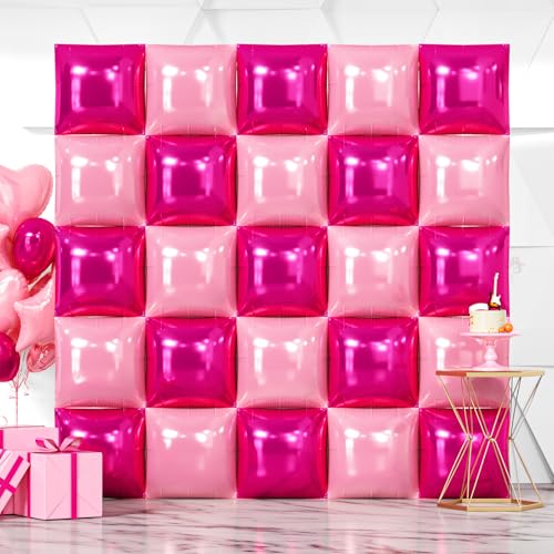 NISOCY 25PCS Hot Pink & Pearl Square Foil Balloons Kit