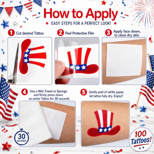 Anapoliz 100pcs Patriotic 4th of July Temporary Tattoos - Red White Blue USA Flags & Fireworks