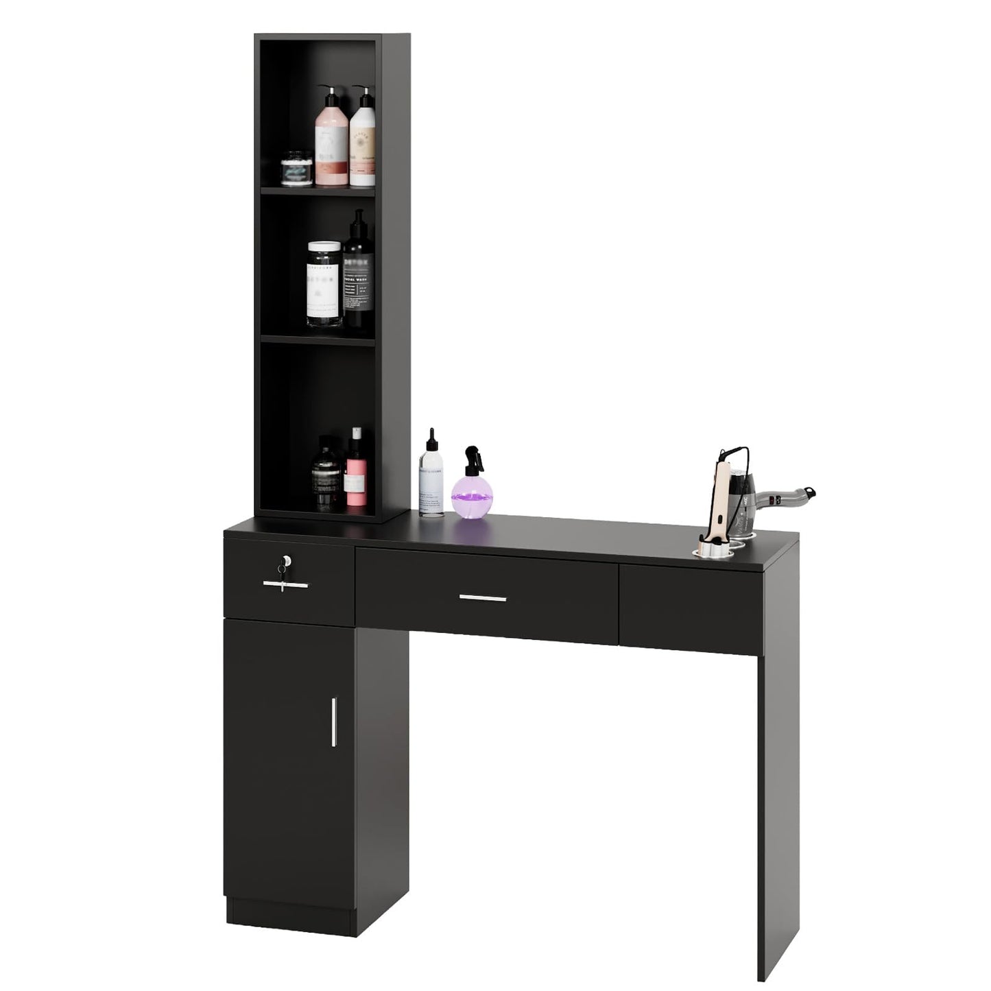 OmySalon Salon Stations for Hair Stylist, Locking Barber Station Organizer, Wall Mount Hair Styling Equipment with 2 Drawers, 1 Storage Cabinet, 3 Open Shelves, for Beauty Spa Hairdresser, Black