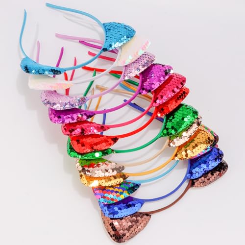 COCIDE 12Pcs Sequins Cat Ears Headbands Set for Girls