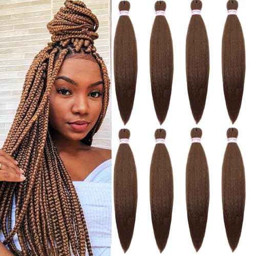 BEFUNNY 24 Inch Brown Pre Stretched Braiding Hair - 8 Packs, Itch-Free Yaki Extensions