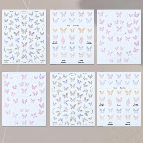 3D Aurora Butterfly Nail Art Stickers - 6 Sheets Self-Adhesive