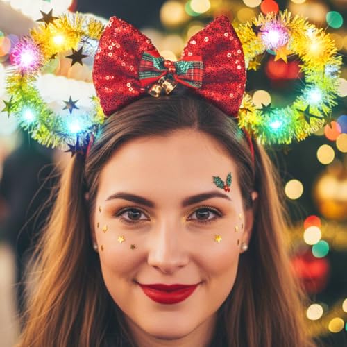 CASDRE Christmas Light Up Mouse Ear Headband with Bow & Bells - Red Gold Xmas Party Hair Accessory (C Red Gold)