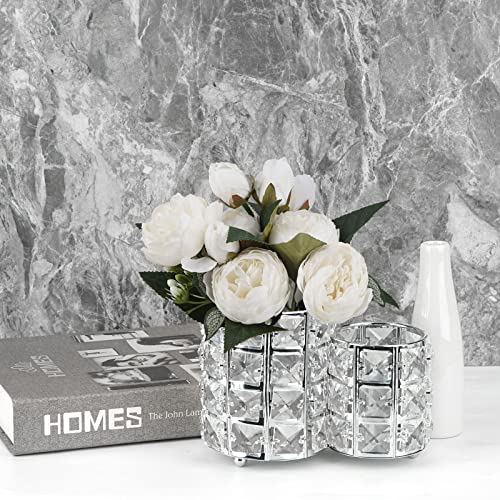 LUEXBOX Silver Crystal Makeup Brush Holder - 2-Compartment Vanity Organizer