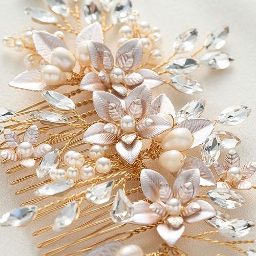 SWEETV Gold Pearl Flower Bridal Hair Comb - Handmade Wedding Accessory