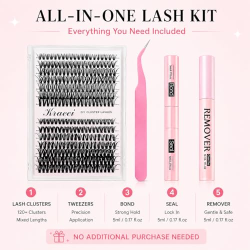Kraeci DIY Lash Extension Kit - 280 Clusters, 9-16mm, Bond & Seal