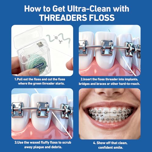 Razoko Mint Dental Floss Threader Pack of 4 (65 Count Each) for Braces Implants & Bridges