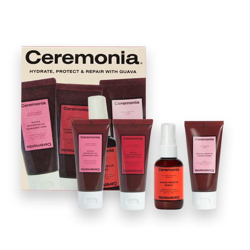 Ceremonia Guava Travel Hair Care Kit - 4 Piece Set for Split Ends & Frizz Control | Shampoo, Conditioner, Leave-In, Detangler Spray