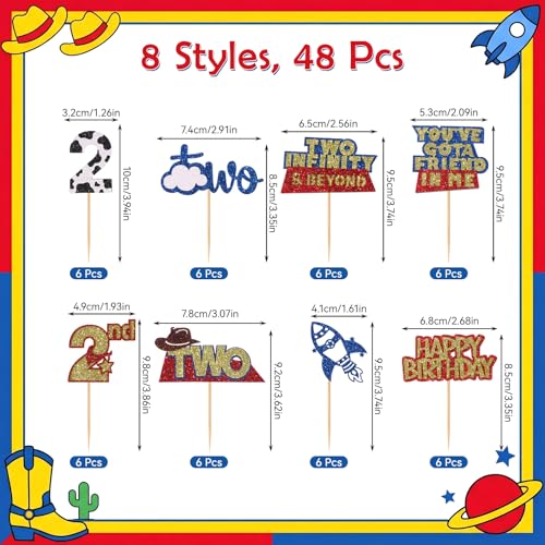 48Pcs Glitter Toy Themed Cupcake Toppers for 2nd Birthday