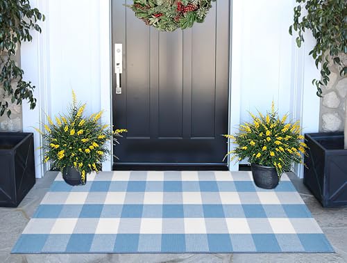 BUAGETUP 24x51 Light Blue Buffalo Plaid Outdoor Rug - Washable Doormat for Entryway