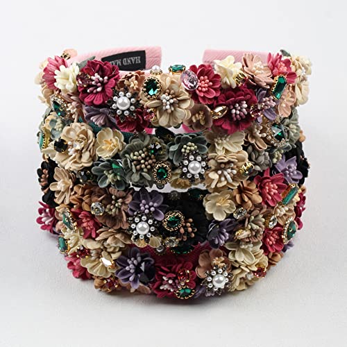 Florate Black Pearl Flower Headband Full Cover Rhinestone Hair Accessory