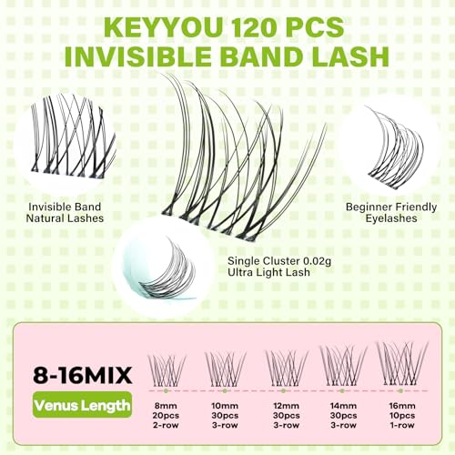 KEYYOU DIY Waterproof Lash Clusters - C Curl, 8-16mm Mix