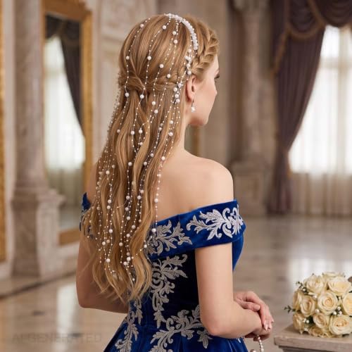 Pearl Bridal Headband with Tassel, Silver Wedding Hair Vine Headpiece