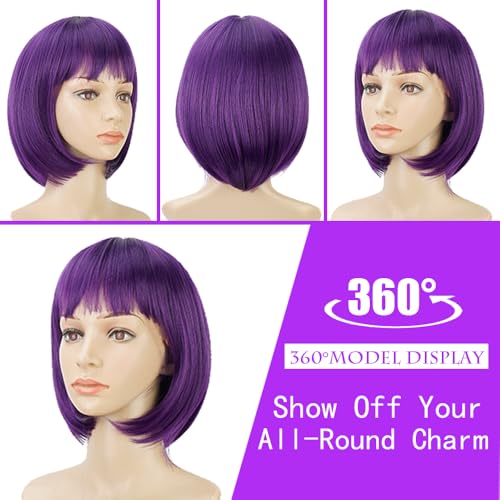 Phoenixfly Purple Short Bob Wig with Bangs - 12 Inch Synthetic Hair for Women