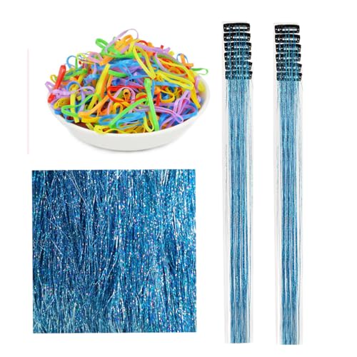 BALINGHAIR 22 Inch Lake Blue Clip-in Tinsel Hair Extensions, 12 Pcs Sparkling Glitter Hair Accessories for Women & Kids