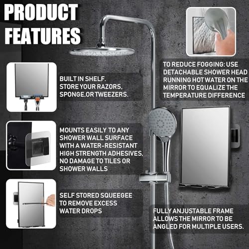 LFOYOU Shower Mirror for Shaving & Washing Your Face with a Squeegee - Built-in Two Razor Holder, 360¡ÆRotation Adjustable Shaving Bathroom Mirror - Easy Install, Home Shower Accessory(Not Fogless)