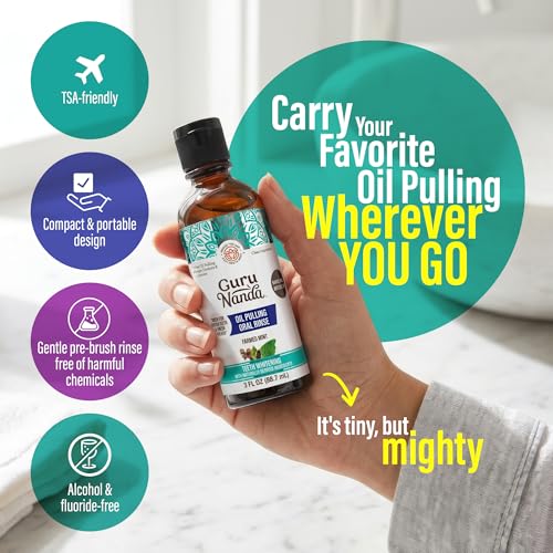 GuruNanda Travel Size CocoMint Oil Pulling Mouthwash 3 oz – 7 Essential Oils & Vitamins, No Alcohol & Fluoride