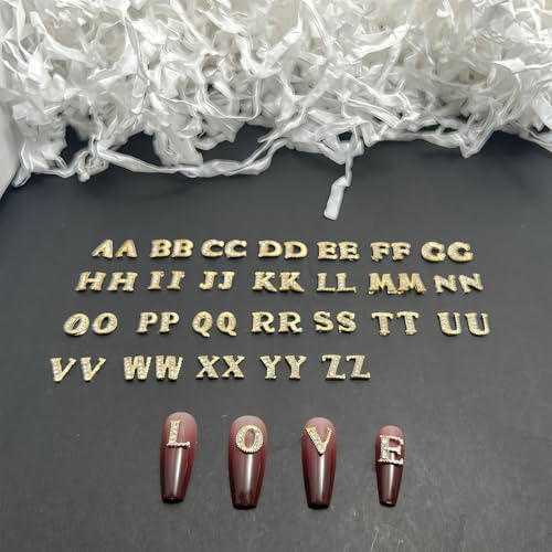 52 Pcs Gold 3D Alphabet Nail Charms – Rhinestone Initial Letters for Nail Art