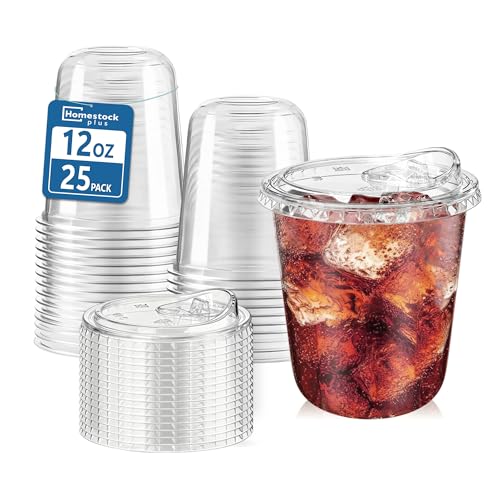 12 oz Clear Plastic Coffee Cups with Strawless Lids - 25 Pack