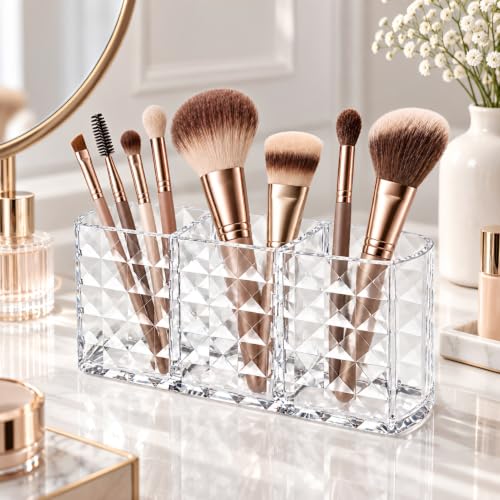 MOSIKER Clear Acrylic Makeup Brush Organizer with 3 Compartments for Vanity