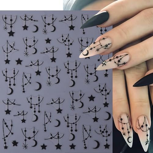 6 Sheets 3D Black Silver Star & Moon Nail Art Stickers