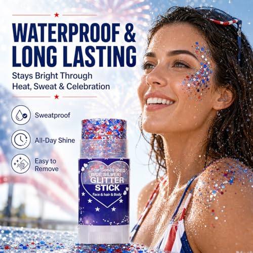 Patriotic Red White and Blue Hair Glitter Stick, 4th of July Accessories, AmericaFlag Face Body Glitter for Fourth of July Outfits Women, Waterproof Glitter Makeup for Independence Day Anniversary