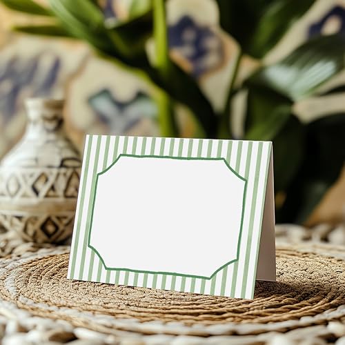 Green Striped Place Cards - 25 Pcs Watercolor Tent Cards for Events