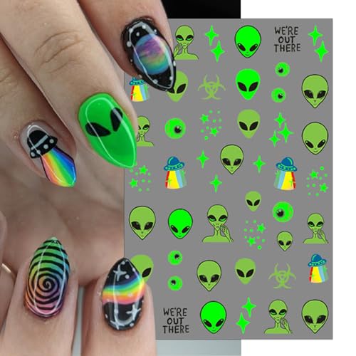 Glow in the Dark Alien Nail Art Stickers - 4 Self-Adhesive Sheets