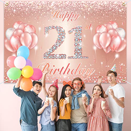 Happy 21st Birthday Banner Backdrop - Rose Gold 4x6ft Party Decor