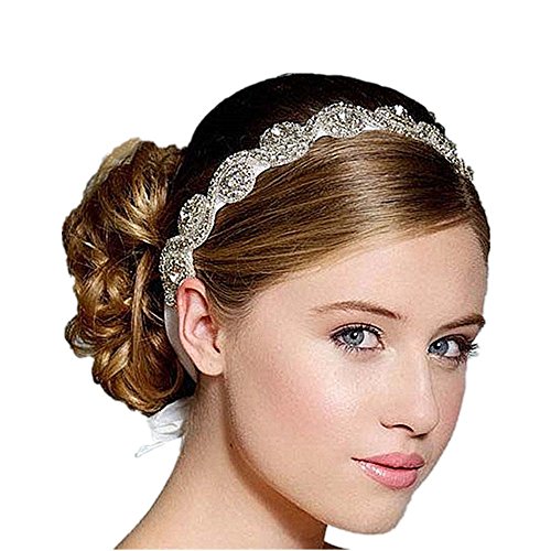 Elegant Handmade Rhinestone Headband with Lace Ribbon - White
