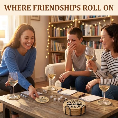 Funny Bunco Coasters Set of 6 with Holder - Cork Drink Coasters