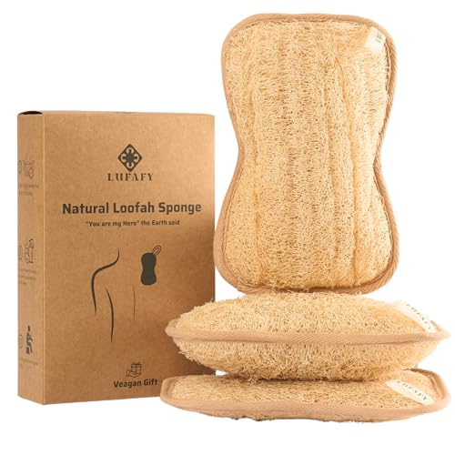 Large Natural Dual-Sided Loofah Sponge - Pack of 3, Exfoliating Bath Scrubber