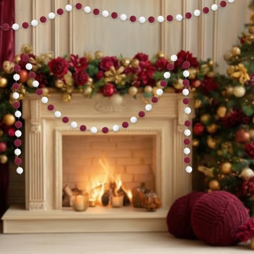 Maroon and White Pom Pom Garland - Set of 2, 8.3 ft Felt Ball Decorations