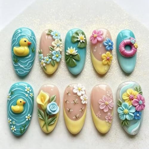 HJKDSFD Summer07 30Pcs Yellow French Tip Press-On Nails Medium Almond Glossy Fake Nails with Flowers