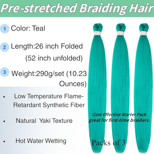 Aqua Blue Pre-Stretched Braiding Hair Extensions - 26 Inch (Pack of 3)