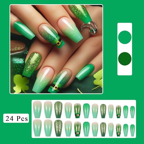 GCSQW St. Patrick's Day Glitter Nails - 11 Glitter Design Fake Coffin Nails, Green Gradient with Hat, Press-On 24pcs