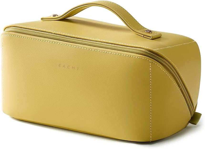 Travel Makeup Bag - Large Capacity Waterproof PU Leather Cosmetic Organizer | Flat Open Design for Skincare & Brushes