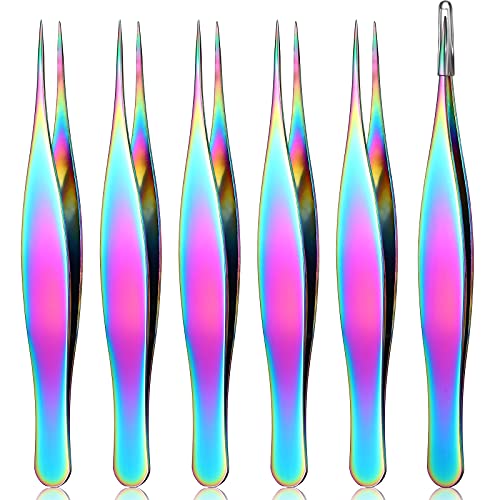 Honoson Rainbow Color Precision Tweezers for Ingrown Hair Removal, 6 Pack