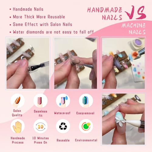 Vanpaga Handmade Square Coffin Press on Nails - Ocean Ombre Blue with Flowers